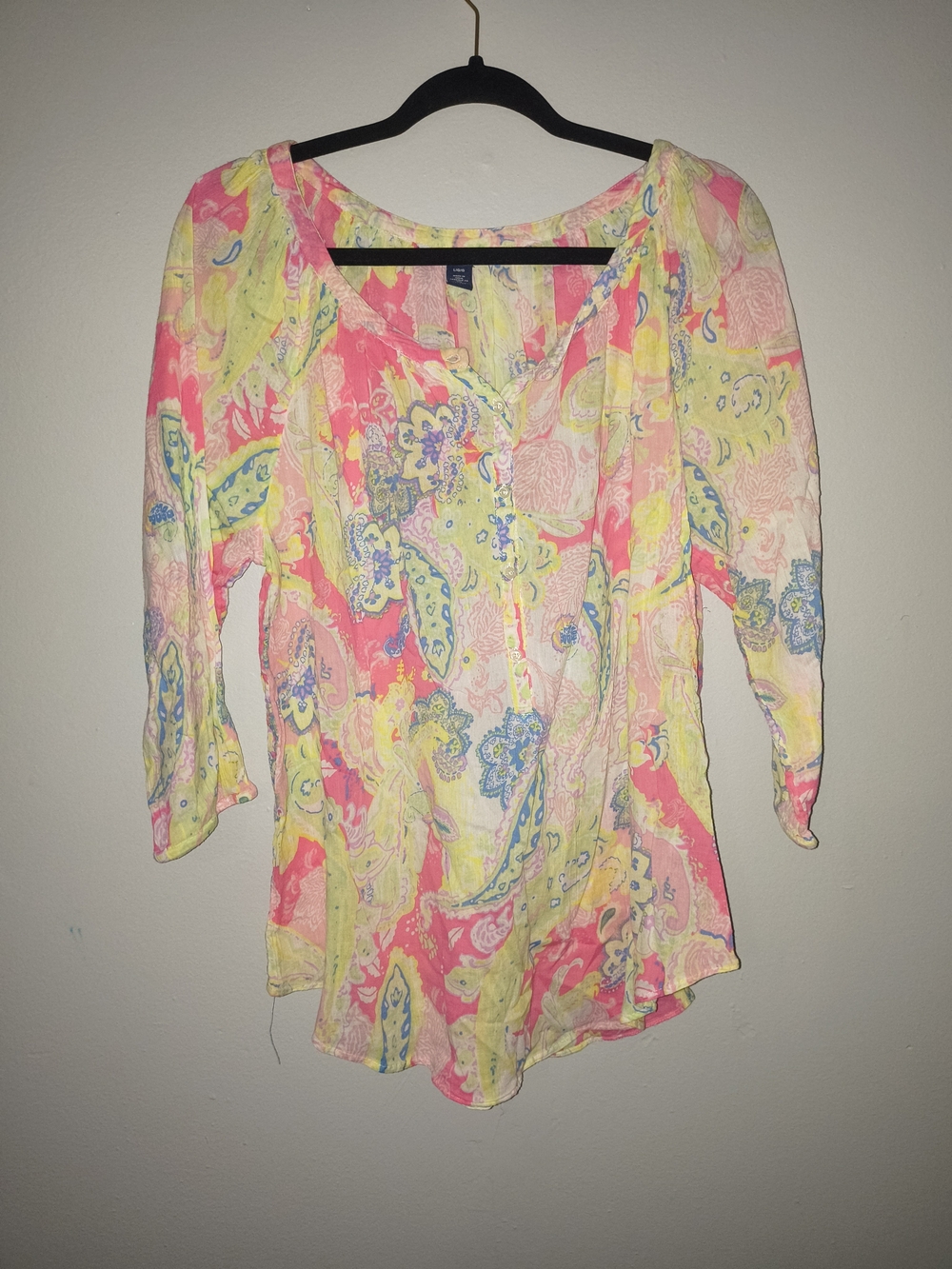 American Living Neon Paisley 3/4 Sleeve Tunic - Pink Yellow Blue